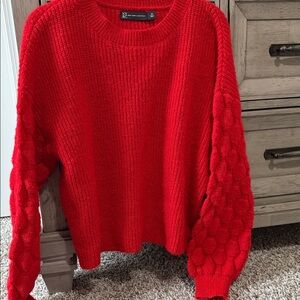 New York & Company Bright Red Cable Balloon-Sleeve Crewneck Sweater
